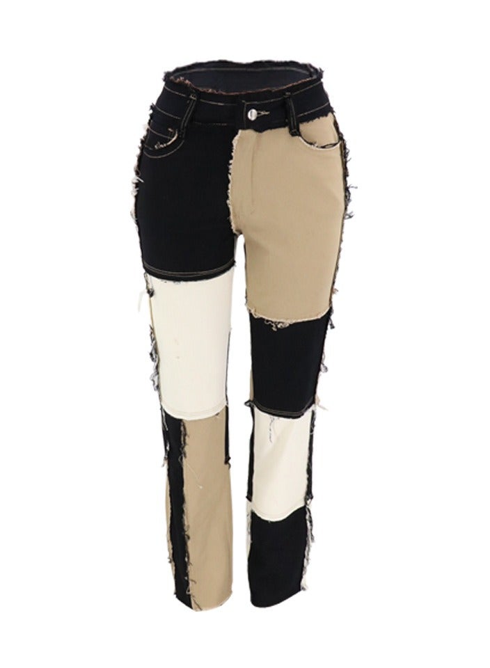 Loquat Trendy Variegated Panels, High-waisted Women's Straight-leg Denim Trousers - Image 2