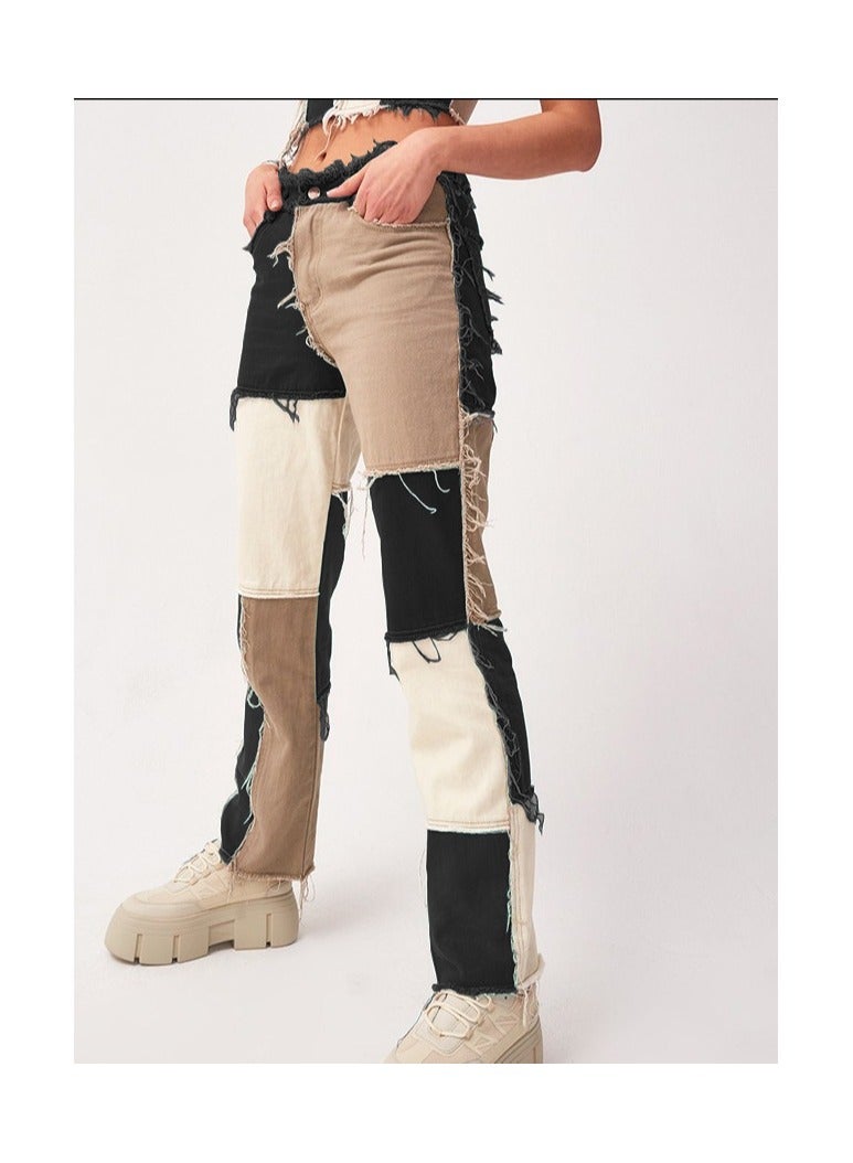 Loquat Trendy Variegated Panels, High-waisted Women's Straight-leg Denim Trousers - Image 1