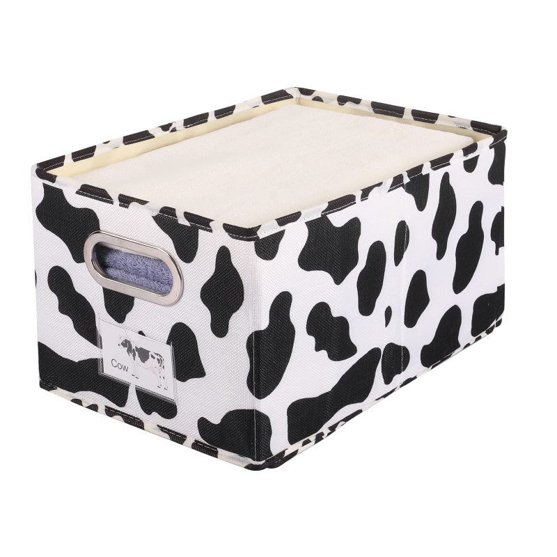 ANMINY Fabric Storage Bin Cow Print Cotton Linen Foldable Open Storage Basket Box with Handles PP Plastic Board Label Window Decorative Washable Desktop Closet Shelf Organizer Container - Medium - Image 1