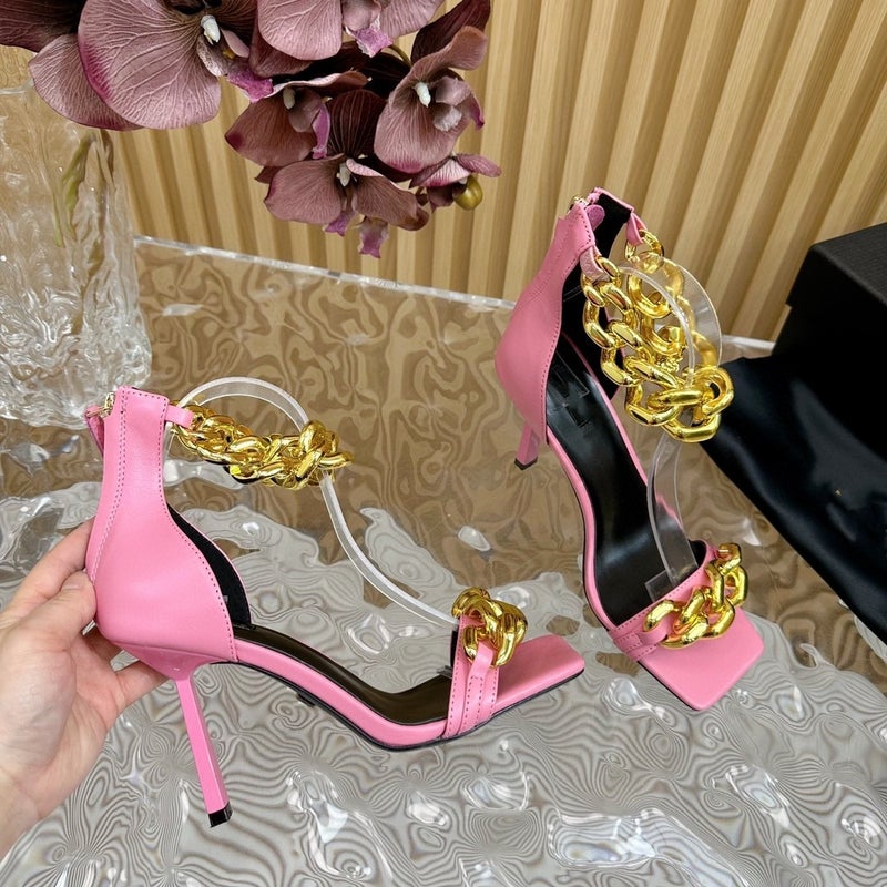 Rhinestone Shoes Fine Heel High Heel Sandals Elegant Fashion Gold Chain Buckle Leather Shoes - Image 2