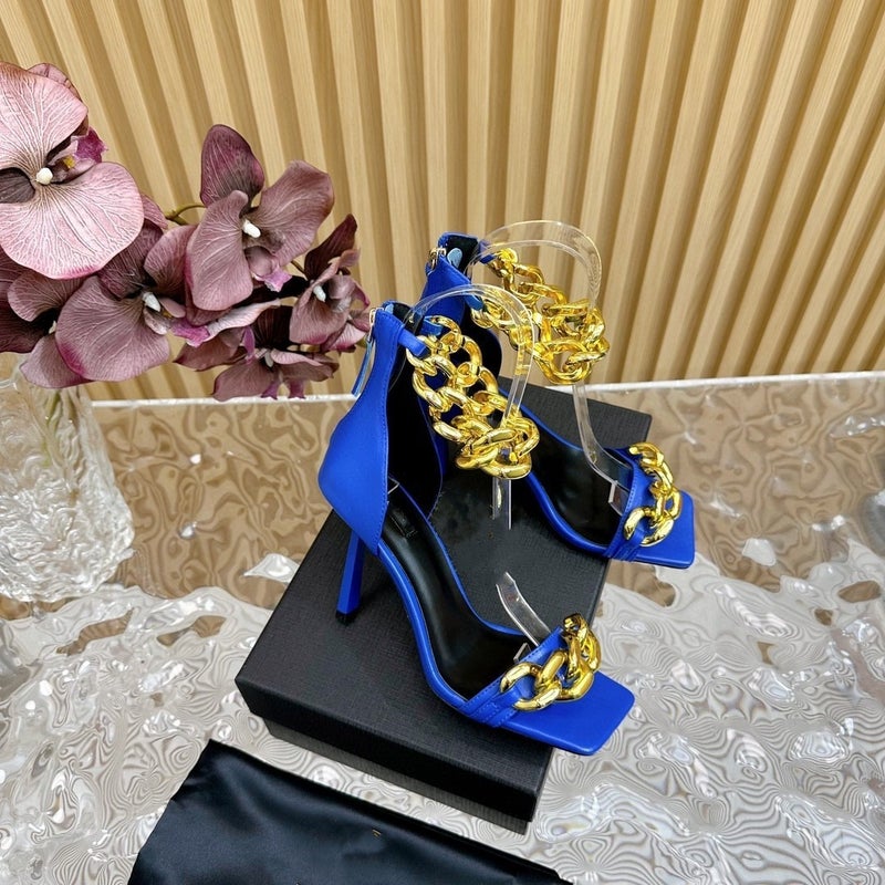 Rhinestone Shoes Fine Heel High Heel Sandals Elegant Fashion Gold Chain Buckle Leather Shoes - Image 1