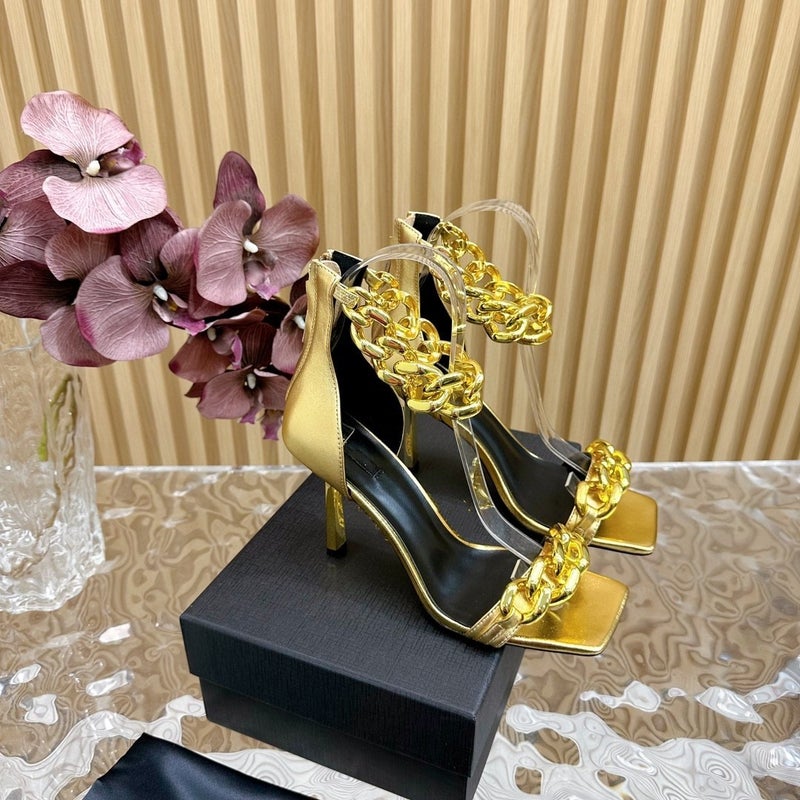Rhinestone Shoes Fine Heel High Heel Sandals Elegant Fashion Gold Chain Buckle Leather Shoes - Image 5
