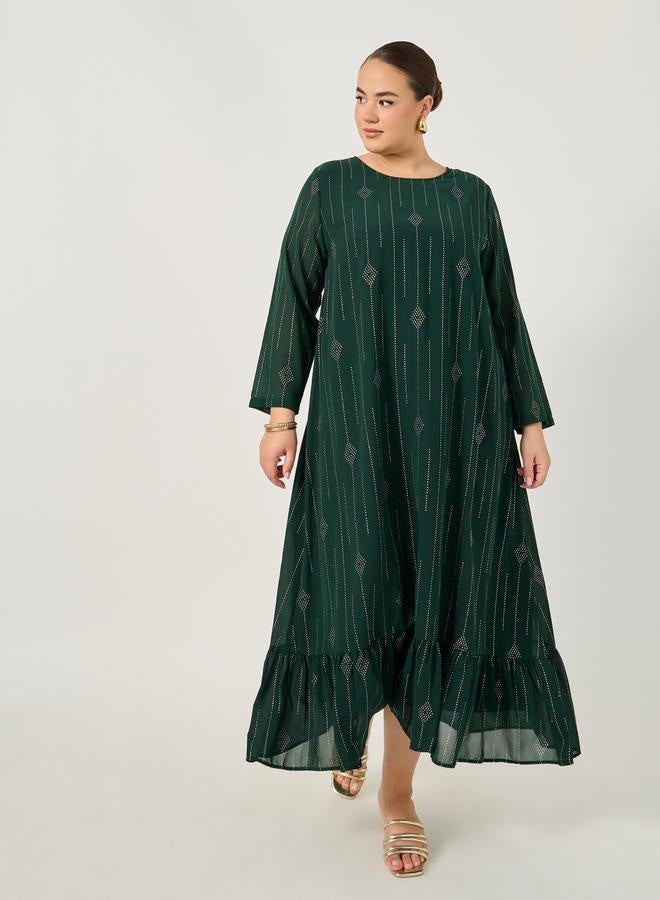 Styli Plus Size Embellished Round Neck Ruffled Hem Jalabiya  - Image 2