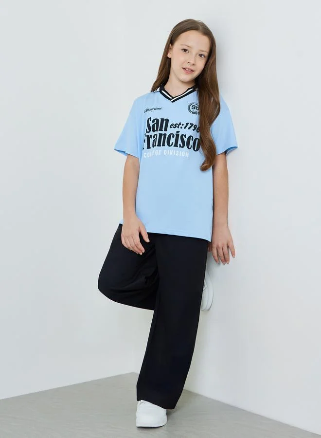 Styli Girls Printed Ribbed V Neck Polo T-Shirt