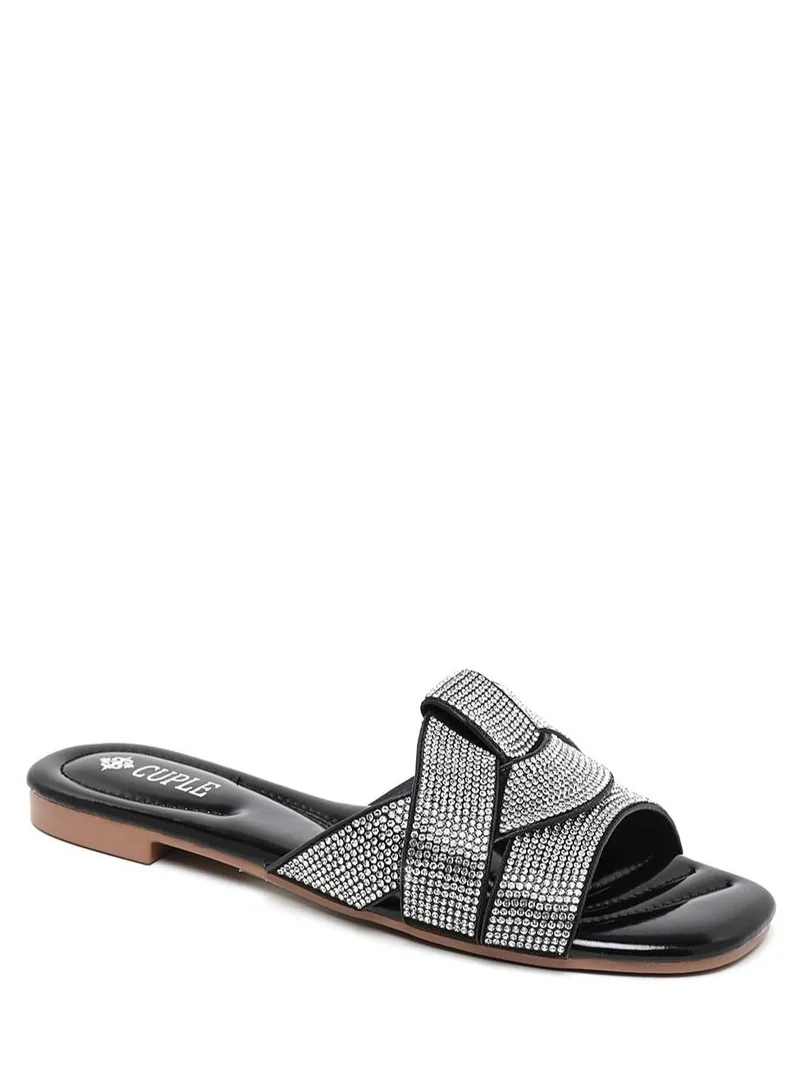 Cuple Comfort Embellished cross strap slide Flat Sandals