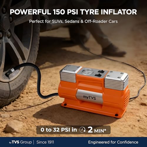myTVS air Monster Heavy Duty Tyre Inflator for SUV/Sedan, 150 PSI Metal Body Fast Inflation Air Pump for Car tire with Dual Cylinder High-Performance Compressor with LED & 1+1 Year Warranty (TI-18) - Image 2