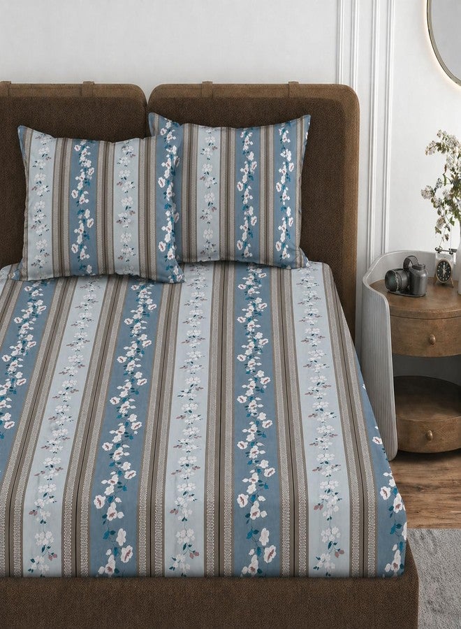 VOMZER 320 TC Cotton Feel All Around Elastic Fitted Bedsheets King Size, Premium Fitted Bedsheets King Size for Double Bed with 2 Pillow Covers, Size- 78” x 72” (Grey Blossom) - Image 1