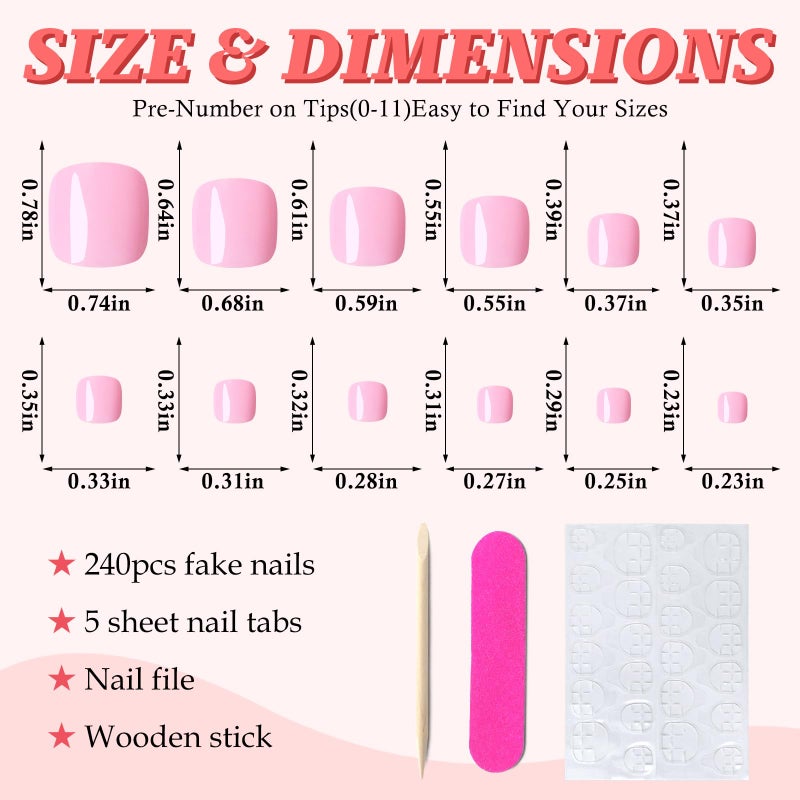 LuckForever 168pc Press on Toenails Women Fake Toe Nails with Adhesive Tabs, Pink Fake Toenails Press on Nails Toe Acrylic Nail Tips Short Square False Toenails Artificial Toe Nails Press ons - Image 3