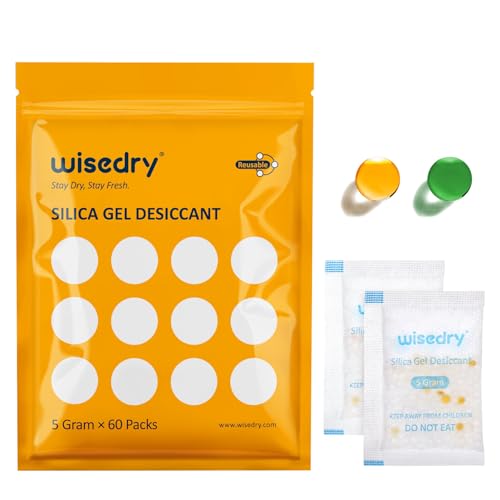 wisedry 5 Gram [60 Packs] Food Grade Silica Gel Packs Rechargeable Desiccant Dehumidifiers Pouches with Color Indicating Beads Reusable Moisture Absorbers for Food Storage - Image 1