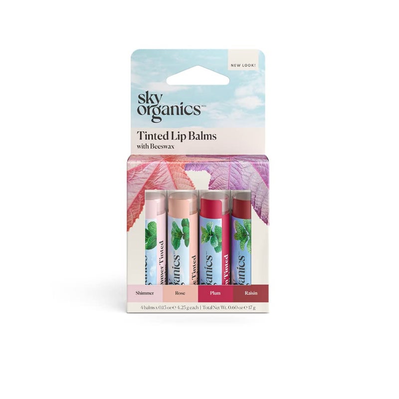 Sky Organics Tinted Lip Balms with Beeswax and a Rich Nourishing Blend of Plant Oils Moisturizing Lip Balm to Lock In Moisture and Add A Sheer Wash Of Color  Shine Four Assorted Flavors 4pk