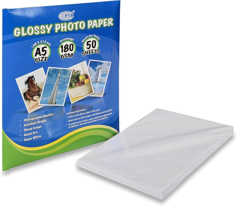 FIS Glossy Photo Paper, A5 Size (148x210mm), 180gsm, 50 Sheets - Quick Dry and Photographic Quality - Image 1