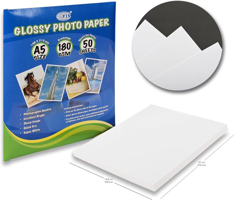 FIS Glossy Photo Paper, A5 Size (148x210mm), 180gsm, 50 Sheets - Quick Dry and Photographic Quality - Image 3