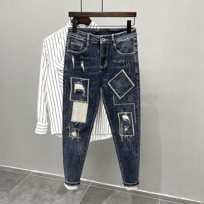 Autumn Trendy Ripped Patch Skinny Mens Jeans Blue C02 Sticker Jeans 