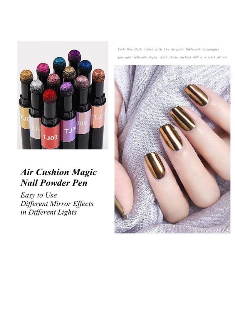 Excefore مجموعة بودرة أظافر كروم، قلم تزيين أظافر هوائي، عصا إسفنجية لبودرة الأظافر ثلاثية الأبعاد بتأثير المرآة، أقلام طلاء أظافر وبودرة أظافر أكريليك (12 لونًا) - Image 4