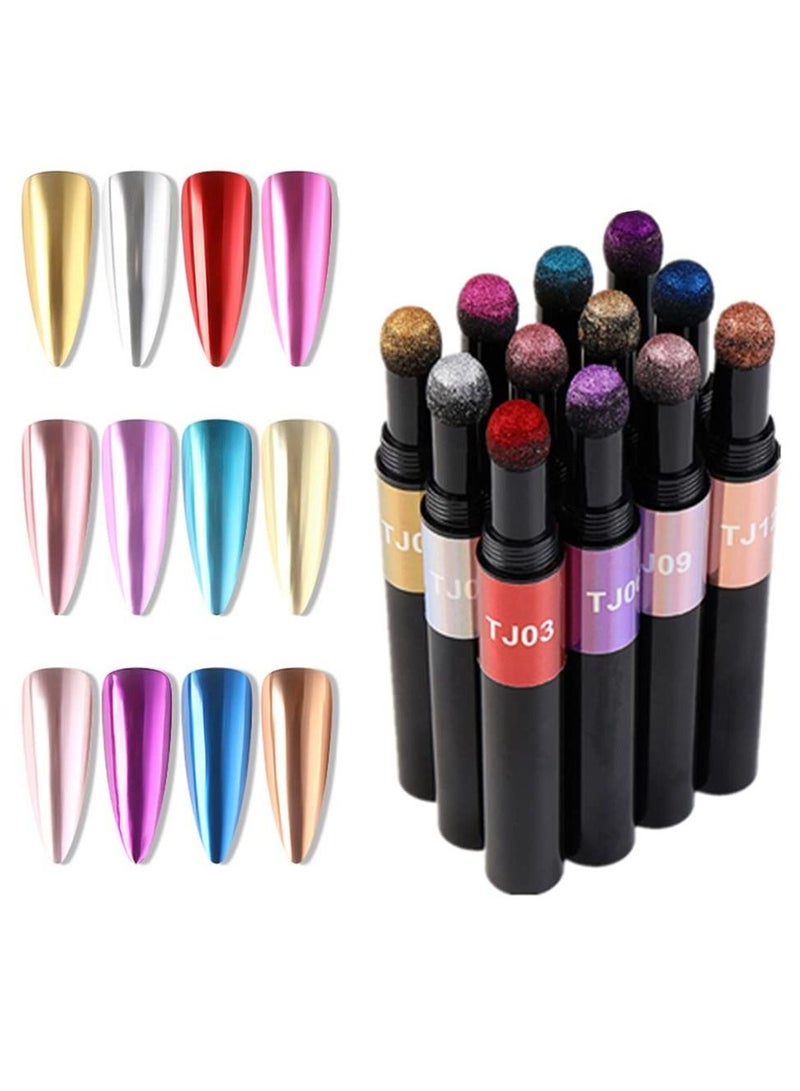 Excefore مجموعة بودرة أظافر كروم، قلم تزيين أظافر هوائي، عصا إسفنجية لبودرة الأظافر ثلاثية الأبعاد بتأثير المرآة، أقلام طلاء أظافر وبودرة أظافر أكريليك (12 لونًا) - Image 1