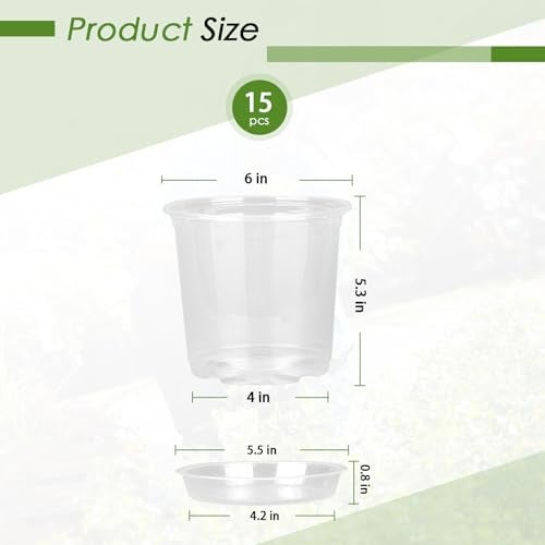 FUIJOL 6 Inch Clear Nursery Pots for Plants with Sacuers 15 Pack Plastic Flower Pots with Drainage Holes Variety Pack Seedlings Garden Pot for Indoor Outdoor 6 inch - Image 3