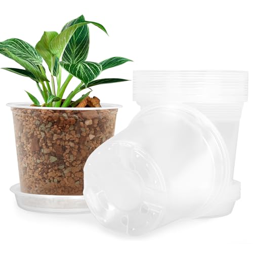 FUIJOL 6 Inch Clear Nursery Pots for Plants with Sacuers 15 Pack Plastic Flower Pots with Drainage Holes Variety Pack Seedlings Garden Pot for Indoor Outdoor 6 inch - Image 1