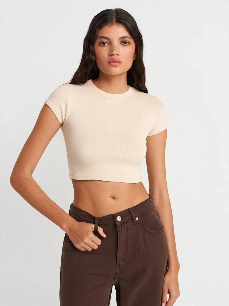 ديلفين Dilvin Women's Slim Fit Crop Crew Neck T-Shirt