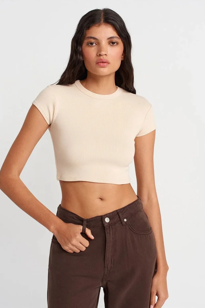 ديلفين DILVIN Women's Slim Fit Crop Crew Neck T-Shirt