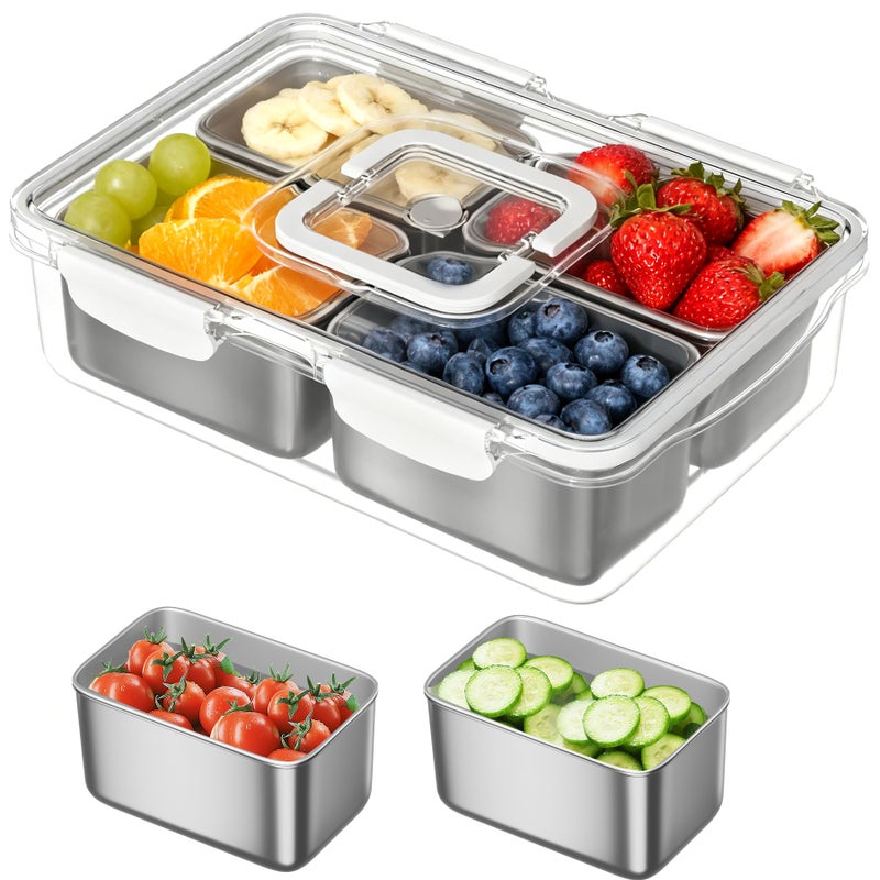 DAOTENGQL Stainless Steel Snackle Box, 4 Compartment Divided Serving Tray with Lid & Handle, Portable BPA-Free Snack Box for Fruits, Nuts & Veggies, Keep Food Fresh & Organized, Ideal for Travel,Picnic & Beach - Image 1