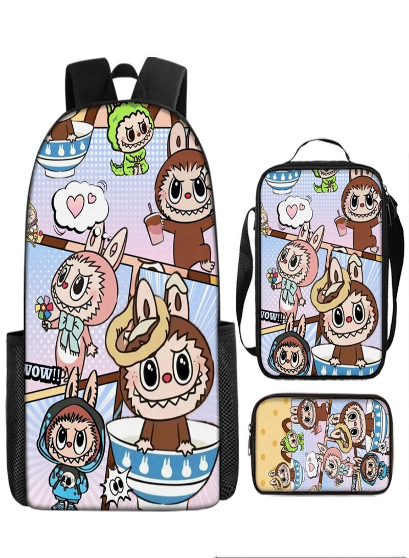 LABUBU Children Backpack Schoolbag Teen Student School Book bag with Lunch Box Pen Case 3 in 1 for Kids