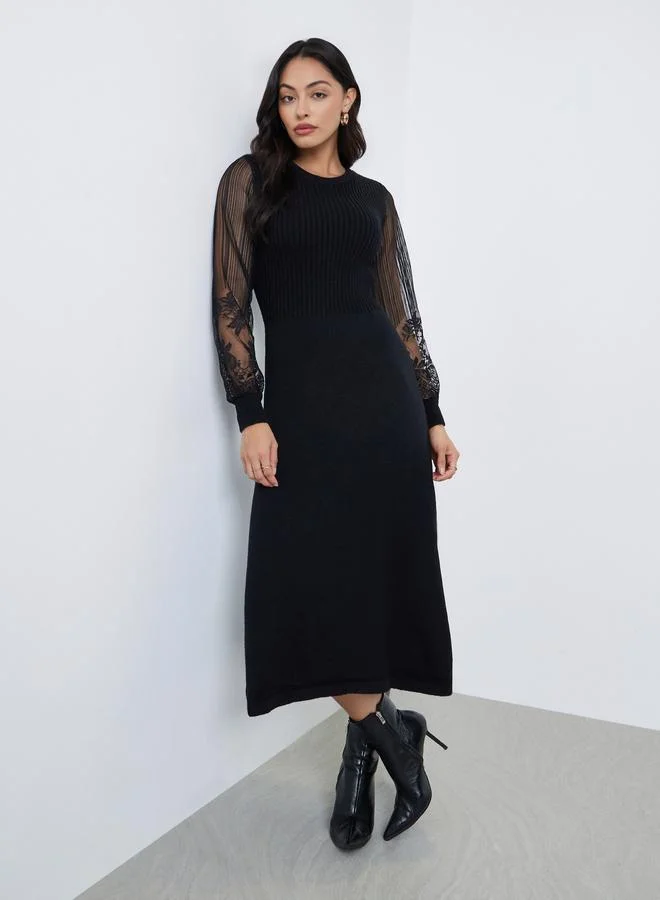 Styli Styli Black Lace Sleeve Knitted Sweater Midi Dress