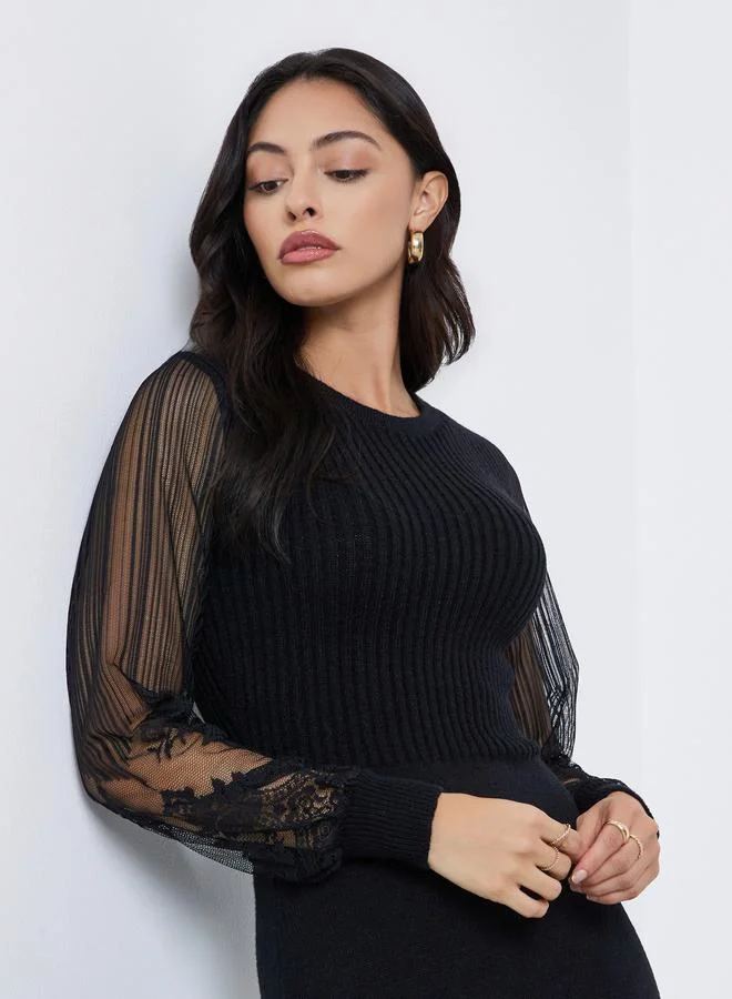 Styli Styli Black Lace Sleeve Knitted Sweater Midi Dress