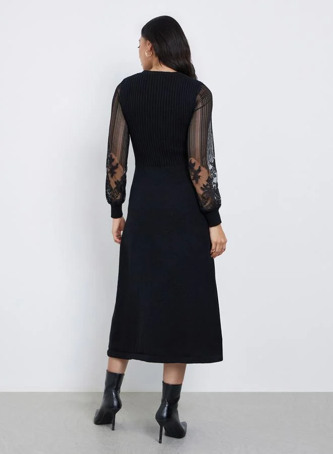 Styli Styli Black Lace Sleeve Knitted Sweater Midi Dress