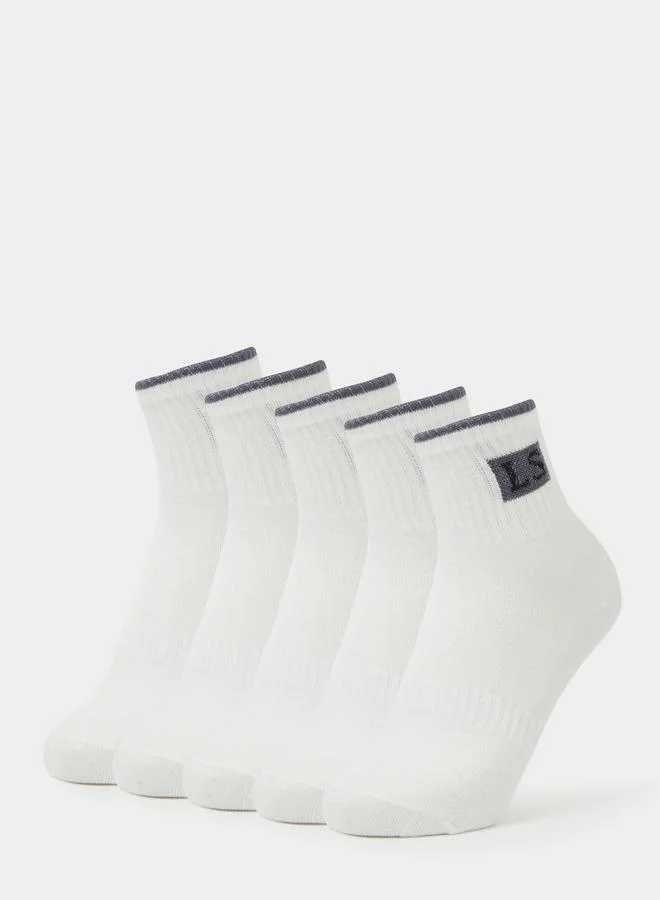 Styli Pack of 5 - White Embroidered Detail Ribbed Cuff Crew Socks