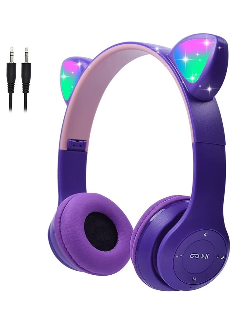 P47 Wireless Gaming Headset, Bluetooth 5.0 Cat Ear Headphones, Kids Headphones,LED Light Up Bluetooth Over Ear Headphones for Kids and Adults Wearing(Purple))  - Image 1
