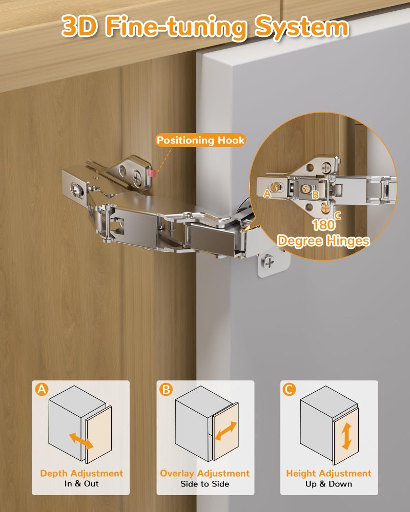 Chibery 2 Pack 180 Degree Soft Close Cabinet Hinges, Lazy Susan & Kitchen Corner, 48mm Hole Distance, Concealed Face Frame & Frameless, Hidden Self Closing, Smooth Slow 3D Adjustment for Fold Cupboard - Image 3