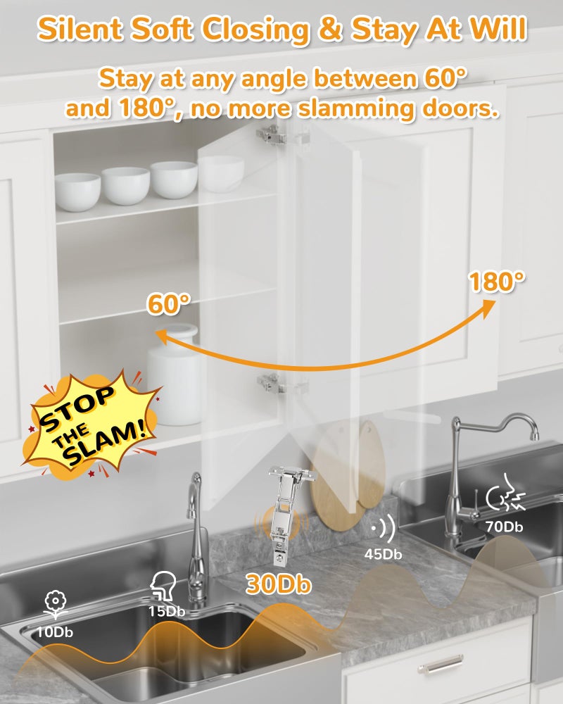Chibery 2 Pack 180 Degree Soft Close Cabinet Hinges, Lazy Susan & Kitchen Corner, 48mm Hole Distance, Concealed Face Frame & Frameless, Hidden Self Closing, Smooth Slow 3D Adjustment for Fold Cupboard - Image 2