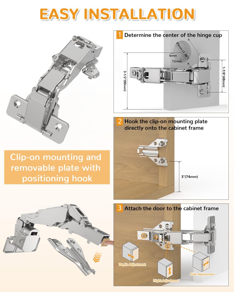 Chibery 2 Pack 180 Degree Soft Close Cabinet Hinges, Lazy Susan & Kitchen Corner, 48mm Hole Distance, Concealed Face Frame & Frameless, Hidden Self Closing, Smooth Slow 3D Adjustment for Fold Cupboard - Image 4