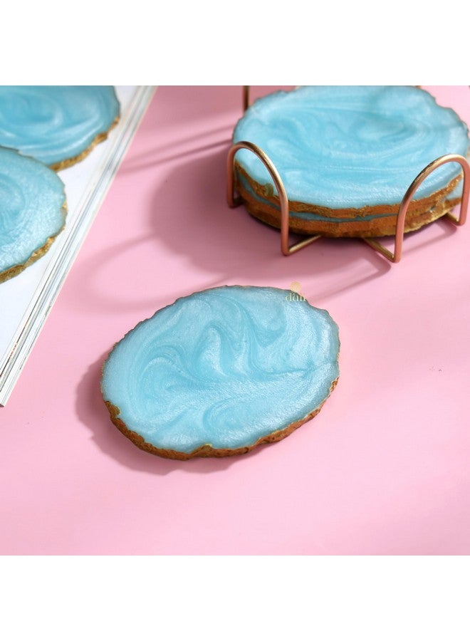 DULI Resin Coasters Set of 6 with Stand - Bar Wine Coasters for Table - Set of 6 Classy Yet Stylist Handmade Marble Stone Coaster Set with Holder (ResinCoasterW/G-Stand: Aqua) - Image 2