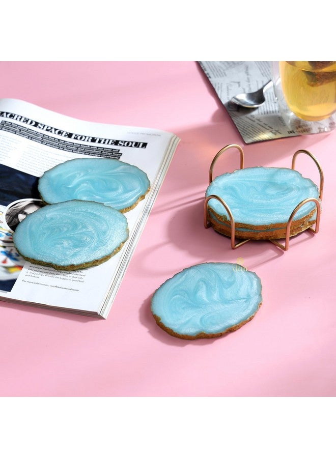DULI Resin Coasters Set of 6 with Stand - Bar Wine Coasters for Table - Set of 6 Classy Yet Stylist Handmade Marble Stone Coaster Set with Holder (ResinCoasterW/G-Stand: Aqua) - Image 1