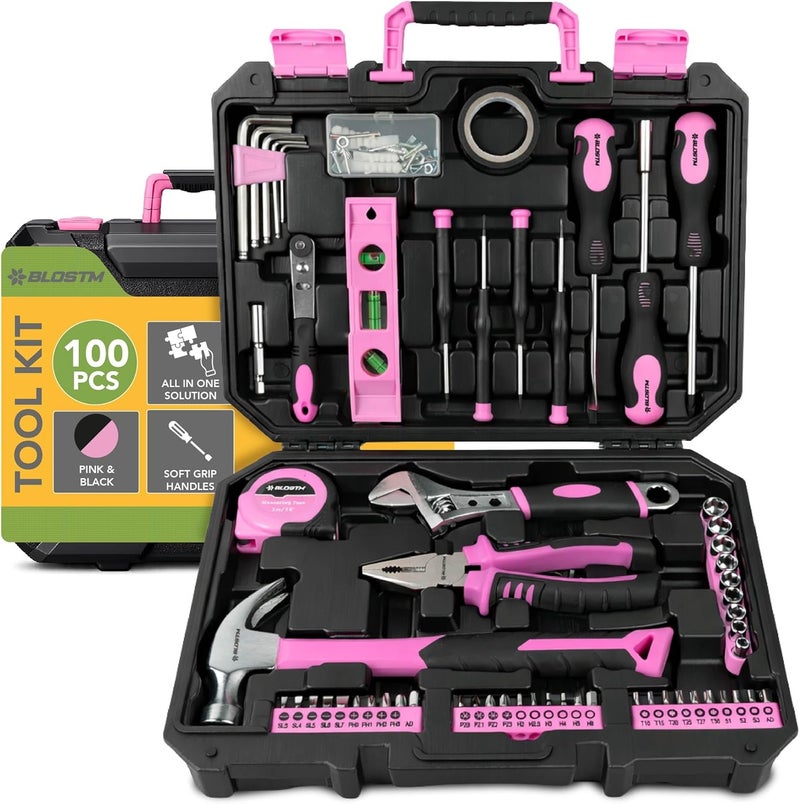 BLOSTM 100 Piece Pink Tool Kit - Essential Hand Tools for DIY Projects and Household Repairs - Image 1