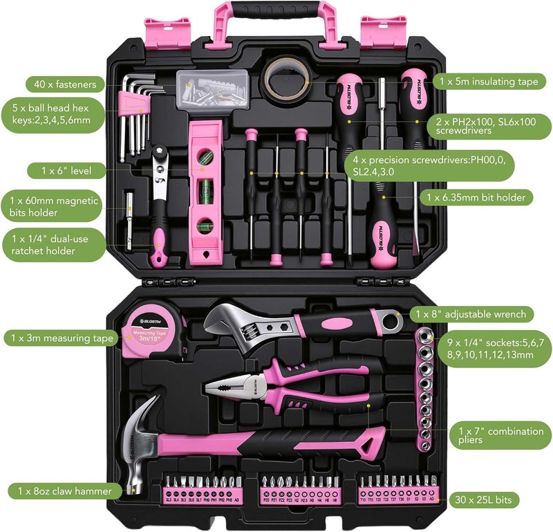 BLOSTM 100 Piece Pink Tool Kit - Essential Hand Tools for DIY Projects and Household Repairs - Image 3