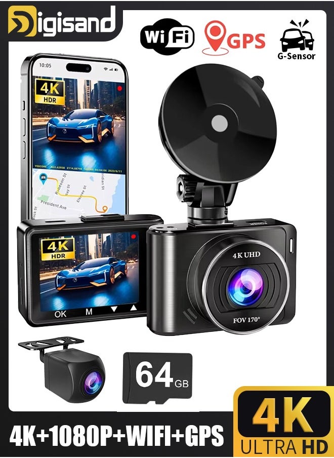 Digisand - 4K Dash Camera with WiFi & GPS,with Free 64G Card, 1080P HD Dashcam with 2-inch LCD Display Car Camera with WDR, Night Vision, Loop Recording, Parking Mode - Image 1