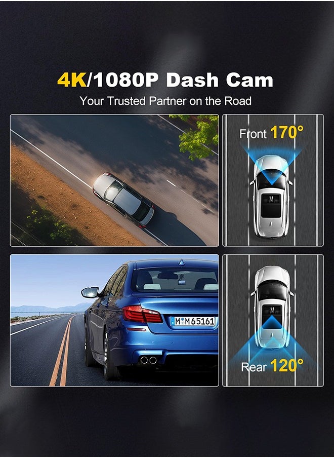 Digisand - 4K Dash Camera with WiFi & GPS,with Free 64G Card, 1080P HD Dashcam with 2-inch LCD Display Car Camera with WDR, Night Vision, Loop Recording, Parking Mode - Image 1