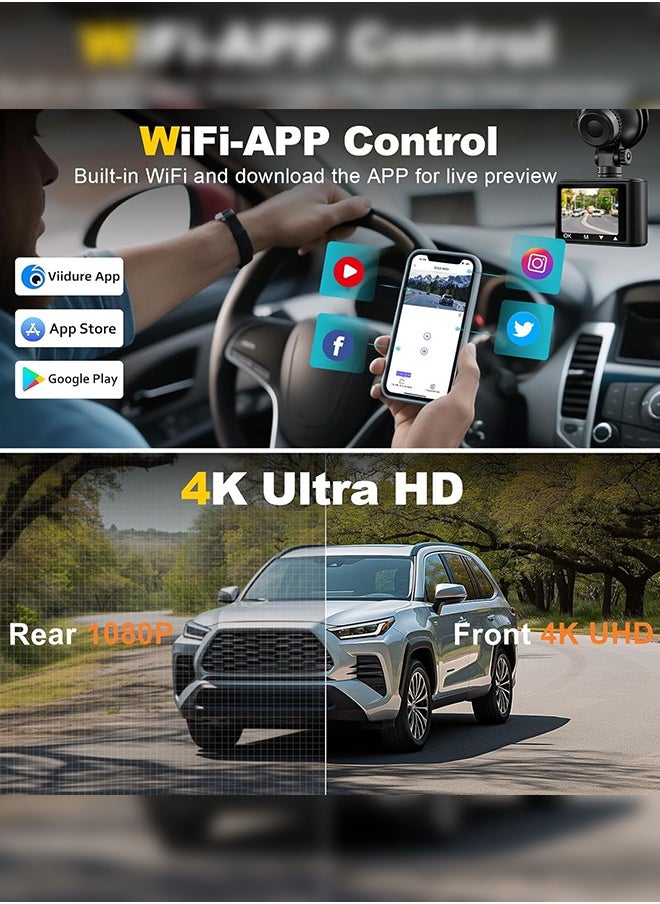 Digisand - 4K Dash Camera with WiFi & GPS,with Free 64G Card, 1080P HD Dashcam with 2-inch LCD Display Car Camera with WDR, Night Vision, Loop Recording, Parking Mode - Image 1