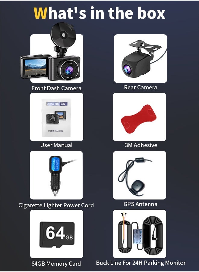 Digisand - 4K Dash Camera with WiFi & GPS,with Free 64G Card, 1080P HD Dashcam with 2-inch LCD Display Car Camera with WDR, Night Vision, Loop Recording, Parking Mode - Image 1