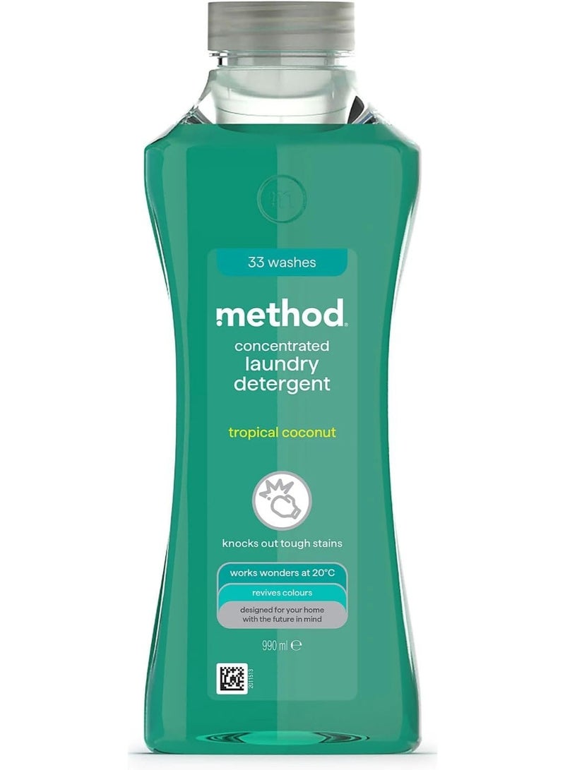 Method Concentrated Laundry Liquid, Fresh Tropical Coconut Scent,Revives Colors, 33 Washes, 990 ml