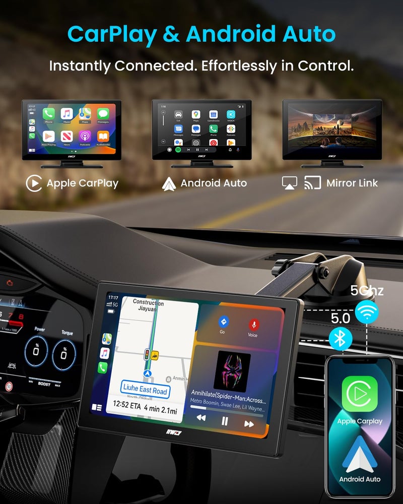 iiwey IK5 9" Wireless Apple CarPlay & Android Auto Screen, Portable Car Stereo with 4K Dash Cam & 1080p Backup Camera, Add CarPlay to Any Vehicle, Touchscreen, Mirror Link - Image 2