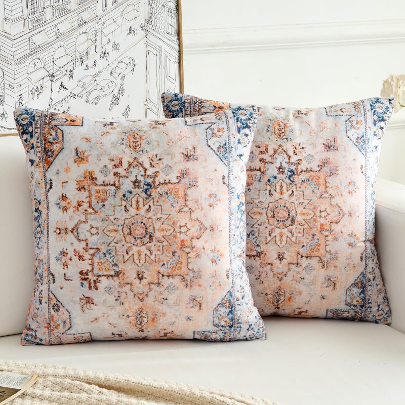 BUAEL Boho Throw Pillow Covers 20x20 inch Set of 2,Boho Vintage Carpet Pattern Antique Ethnic Decor Double Sided Pattern Cushion Cover Soft Pillow Case Living Sofa Room Bed Square Pillow Cover - Image 1