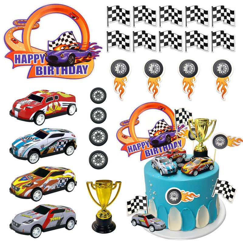 MEMOVAN Race Car Birthday Cake Decoration 24PCS Racing Car Cake Toppers Checkered Flag Cars Cake Cupcake Decorations for Man Boy Kid Racing Cars Theme Birthday Supplies Party Favors - Image 3