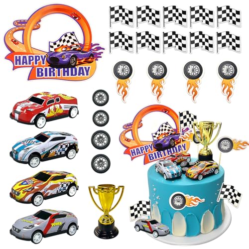 MEMOVAN Race Car Birthday Cake Decoration 24PCS Racing Car Cake Toppers Checkered Flag Cars Cake Cupcake Decorations for Man Boy Kid Racing Cars Theme Birthday Supplies Party Favors - Image 1