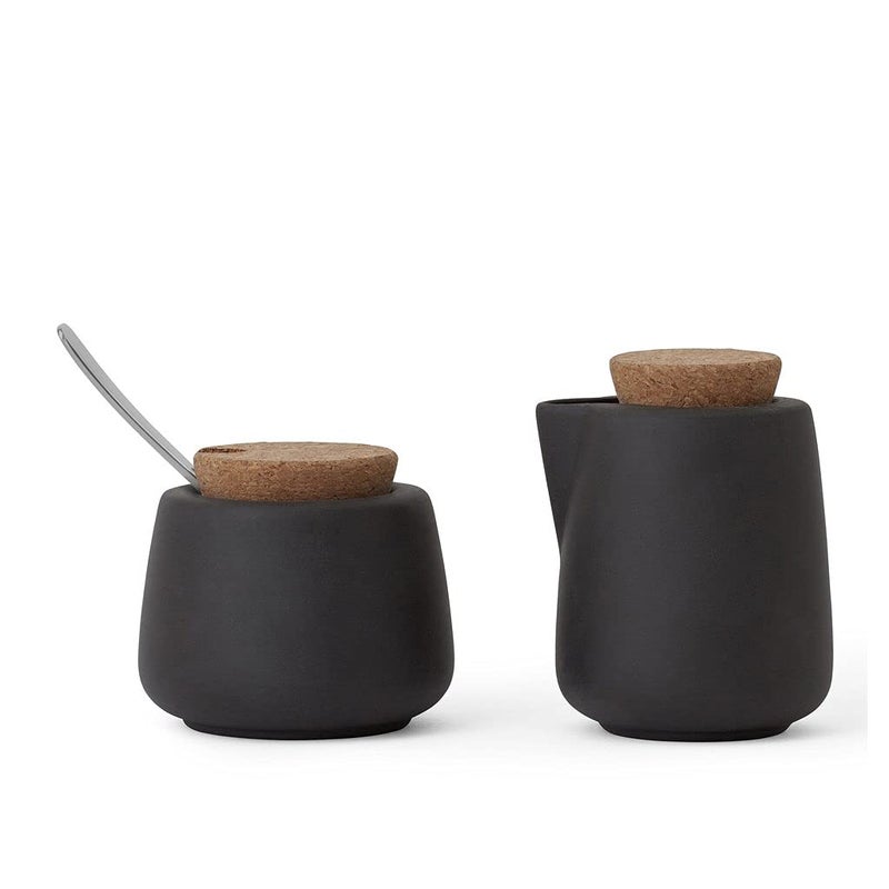 VIVA Scandinavia Viva Nicola Charcoal Sugar and Creamer Set Porcelain Coffee and Tea Serving Set  Cream Pitcher and Sugar Bowl with Cork Lid and Metal Spoon 7oz  200ml Milk and Sugar for Coffee Bar 