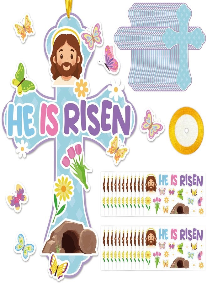 COCHIE 24 Set He is Risen Paper Cross Easter Crafts Kit, Christian First Communion Gift, DIY Make Your Own Jesus Resurrection Criss Cross Craft Kits for Church Home Party Decorations Classroom (Blue) - Image 1