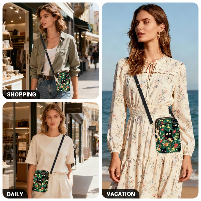 YINHEXI Small Crossbody Bags for Women, Mini Cell Phone Wallet Purse, Shoulder Bag for Women and Men (Green Flower Cat) - Image 2
