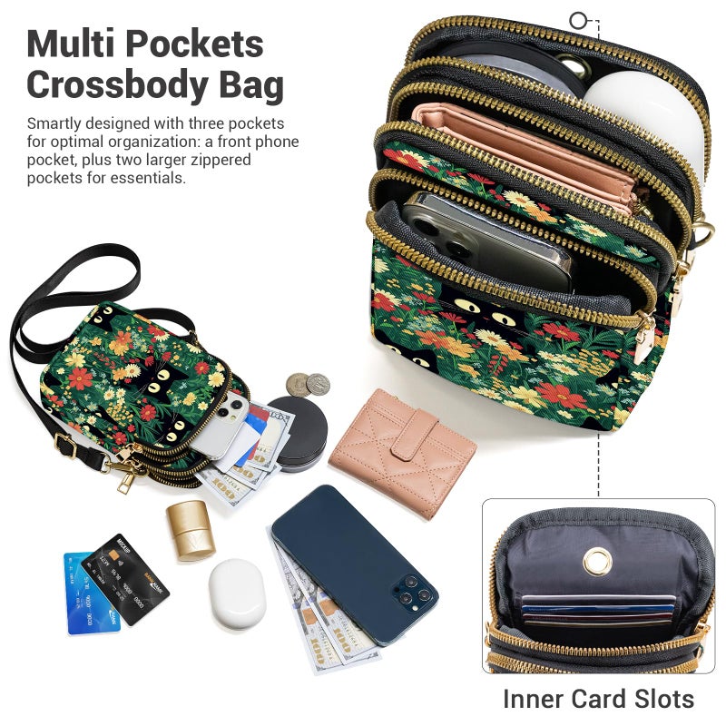 YINHEXI Small Crossbody Bags for Women, Mini Cell Phone Wallet Purse, Shoulder Bag for Women and Men (Green Flower Cat) - Image 4